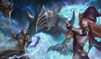 1boy 1girl aleister_the_invoker armor book breasts commentary commission duel_monster english_commentary fantasy fingerless_gloves gauntlets gloves glowing glowing_eyes hat highres holding holding_book holding_staff invoked_mechaba joshua_raphael lips lipstick long_hair magic_circle makeup monster realistic red_hair ritual witch staff summon_sorceress summoning watermark web_address witch_hat wizard yu-gi-oh!