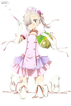 1girl :q absurdres anime_coloring blue_eyes boots breasts buttons chanto_suenai_kyuuketsuki-chan chips_(food) collar collarbone copyright_name copyright_notice detached_collar double-breasted dress earclip earrings elbow_gloves facial_mark food full_body gloves grey_hair hair_over_one_eye hair_ribbon hat heart heart_facial_mark high_heel_boots high_heels highres holding holding_syringe ishikawa_luna jewelry kneeling long_hair looking_at_viewer magazine_scan mark_under_eye megami_magazine nurse nurse_cap official_art one_eye_covered pink_dress pointy_ears potato_chips puffy_short_sleeves puffy_sleeves red_collar red_ribbon ribbon scan short_dress short_sleeves side_ponytail simple_background single_sidelock small_breasts smile snack solo stud_earrings syringe tani_takuya thigh_boots thigh_strap third-party_source tongue tongue_out vampire white_background white_boots white_gloves