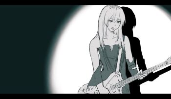 1girl arm_warmers commentary_request electric_guitar fender_jazzmaster girls_band_cry grcr_pometa1118 greyscale guitar guitar_strap gunjou_biyori_(tokyo_jihen) highres instrument kawaragi_momoka letterboxed long_hair monochrome multicolored_hair open_mouth parted_lips roots_(hair) shiina_ringo solo spotlight tokyo_jihen