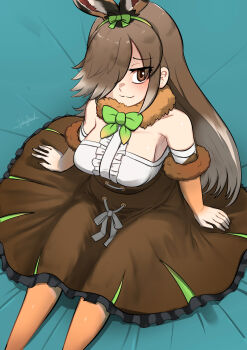 Rule 34 | 1girl, animal ears, bare shoulders, blue background, bow, bowtie, breasts, brown eyes, brown hair, commentary request, dress, elbow gloves, european hare (kemono friends), extra ears, gloves, hair over one eye, highres, john (a2556349), kemono friends, kemono friends 3, large breasts, long hair, looking at viewer, pantyhose, rabbit ears, rabbit girl, ribbon, simple background, skirt, solo