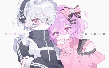 2boys absurdres alternate_costume bare_shoulders black_bow black_track_suit bow commentary crossdressing crossdressing_(mtf) crossed_arms crossed_bangs ensemble_stars! eyepatch frills green_eyes hair_between_eyes hair_bow hairband hanamura_fuyume hand_up harunafuyuka heart highres jersey_maid jirai_kei lace-trimmed_bow lace-trimmed_headwear lace_trim lolita_hairband long_sleeves looking_at_viewer maid male_focus multiple_boys natsu_kanna pink_bow pink_shirt puffy_sleeves purple_eyes purple_hair shirt short_hair strap symbol-only_commentary track_suit trap unconventional_maid upper_body white_background white_hair zipper