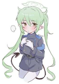 ... 1girl artist_name belt black_belt black_jacket black_shorts blue_archive blush commentary cropped_legs demon_tail earrings gloves green_hair green_halo hair_between_eyes hair_ears halo hands_on_own_chest highres jacket jewelry long_hair long_sleeves looking_at_viewer moe_nayo nozomi_(blue_archive) pantyhose pointy_ears shorts sidelocks solo speech_bubble spoken_ellipsis tail twintails white_background white_gloves white_pantyhose yellow_eyes