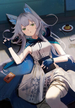 1girl absurdres animal_ears arknights cat_ears cat_girl commentary dress ema_(kuguiema) fingerless_gloves food gloves green_eyes grey_hair highres long_hair lying on_back rosmontis_(arknights) solo white_dress