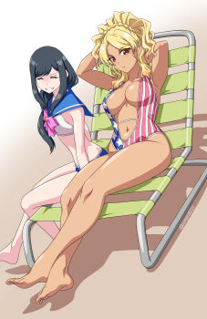 2girls absurdres akuron_(acllon) american_flag american_flag_print arms_behind_head black_hair blonde_hair blue_panties blue_sailor_collar bow bowtie breasts brown_eyes cleavage_cutout closed_eyes clothing_cutout commentary_request dark-skinned_female dark_skin flag_print food_court_de_mata_ashita grin gyaru highres large_breasts lawn_chair long_hair looking_at_viewer multiple_girls navel one-piece_swimsuit panties parted_lips pink_bow pink_bowtie sailor_collar sand shirt sitting smile swimsuit tan teeth underwear wada_(food_court) white_shirt yamamoto_(food_court)