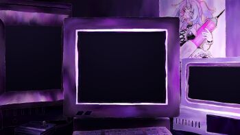 bedroom computer_keyboard controller crt highres id_and_i indoors joystick lolratz no_humans non-web_source poster_(object) purple_theme scenery