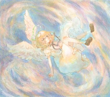 1girl angel angel_wings black_shoes blonde_hair blush_stickers commentary_request dress feathered_wings full_body halo highres neck_ribbon original puffy_short_sleeves puffy_sleeves ribbon sasami_(shiroi_fuwafuwa) shoes short_hair short_sleeves socks solo traditional_media white_dress white_socks white_wings wings yellow_eyes
