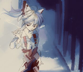 1girl 6osquet bow cigarette cowboy_shot ears_visible_through_hair floating_hair from_above fujiwara_no_mokou hair_between_eyes hair_bow half-closed_eyes hand_on_own_hip high-waist_pants holding holding_cigarette long_hair long_sleeves looking_to_the_side open_collar outdoors pants ponytail red_bow red_eyes red_pants red_suspenders shirt smile smoke smoke_trail solo suspenders touhou tree white_hair white_shirt
