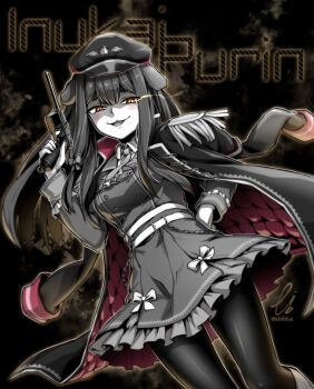 1girl :3 animal_ears belt bone_hair_ornament chain character_name coat coat_on_shoulders dog_ears dog_girl dress ebiblue epaulettes gesugao greyscale gun hair_ornament half-closed_eyes handgun hat highres inukai_purin long_sleeves mauser_c96 military military_hat military_uniform monochrome necktie official_alternate_costume orange_eyes pantyhose raised_eyebrows shirt short_eyebrows short_necktie smile solo spot_color tsunderia twitter_username virtual_youtuber weapon