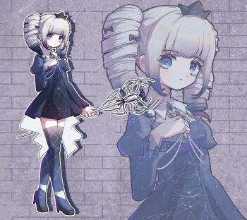 1girl absurdres black_dress black_thighhighs blue_eyes blunt_bangs bow closed_mouth crown dress drill_hair full_body gosegu grey_hair hair_bow hand_on_own_chest high_heels highres holding jewelry juliet_sleeves long_sleeves looking_at_viewer multicolored_hair necklace ohun puffy_sleeves solo staff standing thighhighs twin_drills twintails virtual_youtuber waktaverse wand zettai_ryouiki zoom_layer