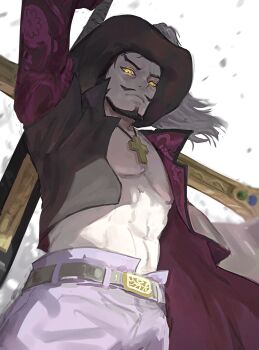 1boy abs absurdres belt black_hair closed_mouth cross_pendant dracule_mihawk facial_hair hat hat_feather highres holding holding_sword holding_weapon male_focus mon_(icebuko) mustache one_piece open_mouth ringed_eyes solo sword weapon yellow_eyes