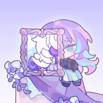 1boy black_shirt blue_hair chibi collared_shirt colored_tips commentary flower galaxy gradient_background green_eyes highres holding holding_picture_frame hoshirube_sho hoshirube_sho_(1st_costume) long_hair looking_at_viewer male_focus missing_eye multicolored_hair nijisanji picture_frame purple_background purple_flower purple_hair shirt shuxingbuming_moxiaobai simple_background sitting solo tentacle_hair white_background white_hair