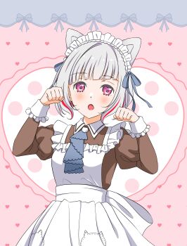 1girl :o absurdres alternate_costume animal_ears apron blue_ribbon cat_ears commentary_request cowboy_shot diagonal_bangs fang frilled_apron frills hair_ribbon highres juliet_sleeves kemonomimi_mode kujo_awenn link!_like!_love_live! long_sleeves looking_at_viewer love_live! maid maid_apron maid_headdress multicolored_hair nyan_nyan_nyan_fair_in_gamers paw_pose pink_background pink_eyes puffy_sleeves red_hair red_streaks ribbon short_hair solo streaked_hair virtual_youtuber white_apron white_hair yugiri_tsuzuri