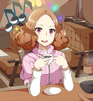 1girl :d brown_eyes brown_hair chair coffee coffee_pot cup eighth_note elbows_on_table highres indoors long_sleeves looking_at_viewer musical_note okumura_haru olly_(ollycrescent) open_mouth persona persona_5 pink_sweater plate ribbed_sweater short_hair smile sparkle sweater