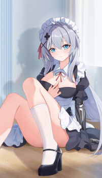 1girl absurdres blue_eyes breasts commentary_request copyright_request hair_ornament high_heels highres indoors looking_at_viewer maid maid_headdress no_bra solo thighhighs white_thighhighs xcche_che_er