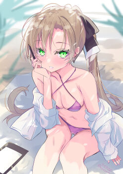 1girl absurdres akigumo_(kancolle) akigumo_kai_ni_(kancolle) bikini breasts brown_hair cleavage collarbone collared_shirt commentary criss-cross_halter dress_shirt feet_out_of_frame green_eyes hair_ribbon halterneck highres hizaka holding holding_stylus kantai_collection long_hair medium_breasts one-hour_drawing_challenge open_clothes open_shirt purple_bikini ribbon shirt sitting solo stylus swimsuit tablet_pc thigh_gap white_shirt