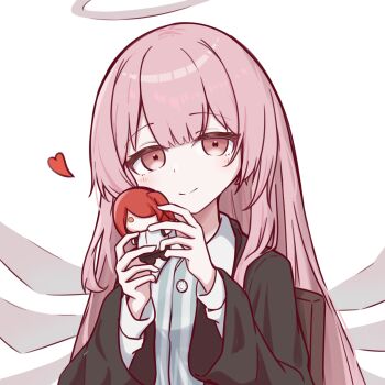 Rule 34 | 1girl, absurdres, arknights, barurun pen, black jacket, buttons, character doll, closed mouth, commentary, detached wings, doll, grey halo, grey shirt, halo, heart, highres, holding, jacket, lemuen (arknights), long hair, long sleeves, looking at viewer, open clothes, open jacket, pink eyes, pink hair, shirt, simple background, smile, solo, split mouth, striped clothes, striped shirt, traditional halo, upper body, vertical-striped clothes, vertical-striped shirt, white background, white shirt, wings