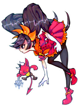 1boy 1girl 2013 ashley_(warioware) black_hair demon devil frilled_skirt frills gloves highres legs long_hair nintendo pantyhose pitchfork profile red_(warioware) skirt twintails warioware white_background