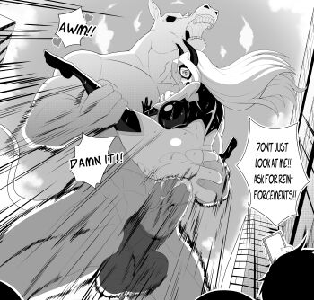 1girl absurdres animal_penis ass ass_grab back blush bodysuit boku_no_hero_academia breasts clothed_female_nude_male clothed_sex crowd english_text floating_hair from_behind from_below giant giantess groping hetero highres horns horse_penis huge_penis huge_testicles kneepits large_breasts large_insertion leg_grab long_hair looking_at_viewer looking_back looking_down maru_zyru_kun monochrome mount_lady nude open_mouth outdoors penis public_indecency purple_horns purple_legwear rape rough_sex shouting size_difference skin_tight sky snot sweat tearing_up tears teeth testicles text_focus torn_clothes uncensored very_long_hair wide_hips