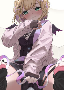 2girls absurdres black_bustier black_gloves black_nails black_shorts black_wings blonde_hair blush breasts bustier colored_inner_hair earrings fingerless_gloves fingernails gloves green_eyes hair_ornament hairclip heart heart_earrings heart_hair_ornament highres hood hoodie jewelry kurumi_noah kurumi_noah_(3rd_costume) large_breasts medium_hair multicolored_hair multiple_girls nail_polish nekota_tsuna nekota_tsuna_(1st_costume) piercing pink_hair pink_hoodie saria_art short_sleeves shorts solo_focus spread_legs sweat thighs two-tone_hair virtual_youtuber vspo! wing_piercing wings