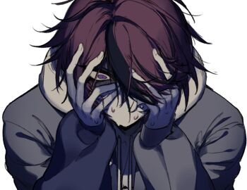 1boy ahoge black_streaks blue_eyes covering_own_face grey_jacket hood hoodie jacket jacket_over_hoodie male_focus multicolored_hair nervous_sweating no_mouth one_eye_covered open_clothes open_jacket r314dor red_hair scared short_hair simple_background streaked_hair sumino_takumi sweat the_hundred_line_-last_defense_academy- upper_body white_background white_hoodie wide-eyed
