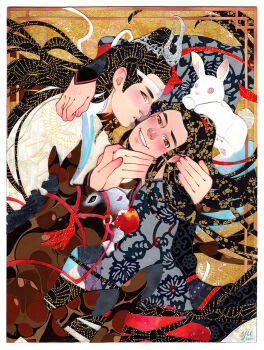 2boys animal animal_on_head artist_name black_hair black_hanfu blonde_hair blue_trim border bridle brown_eyes brown_fur chinese_clothes commission crane_print donkey fine_art_parody floral_print food frown fruit hair_ornament hair_ribbon hand_on_another&#039;s_face hanfu headband holding holding_food holding_fruit lan_wangji long_hair looking_at_viewer male_focus modao_zushi multiple_boys on_head open_mouth outside_border paper_cutout_(medium) papercraft_(medium) parody parted_lips patterned_clothing pink_eyes patterned_hair print_robe rabbit red_ribbon red_trim ribbon signature smile the_kiss unconventional_media upper_body very_long_hair wei_wuxian white_hanfu white_rabbit_(animal) white_ribbon xiao_guan_(headdress) yaoi yellow_background yutaan