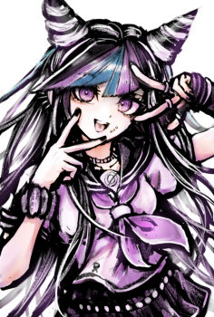 1girl black_hair black_nails black_sailor_collar black_skirt blue_hair blue_streaks collared_shirt commentary_request danganronpa_(series) danganronpa_2:_goodbye_despair ear_piercing eyelashes face_piercing fingerless_gloves fingernails gloves hair_horns highres jewelry long_hair mioda_ibuki mouth_piercing multicolored_hair multiple_rings nail_polish neckerchief open_mouth piercing pink_eyes pink_hair pink_neckerchief pink_streaks ring sailor_collar school_uniform scrunchie serafuku shirt short_sleeves simple_background single_fingerless_glove skirt smile solo streaked_hair teeth tsukihi_shida upper_teeth_only v w white_background white_hair white_shirt wrist_scrunchie
