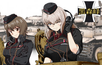 Rule 34 | 2girls, ;), arms under breasts, black gloves, black hat, black jacket, blue eyes, blue sky, breast pocket, breasts, brown eyes, brown hair, closed mouth, cloud, cloudy sky, commentary request, cross, crossed arms, day, dress shirt, emblem, eyes visible through hair, garrison cap, girls und panzer, gloves, grey hair, hair between eyes, half-closed eye, hand on headphones, hat, headphones, insignia, iron cross, itsumi erika, jacket, kuromorimine (emblem), kuromorimine military uniform, large breasts, long sleeves, looking at viewer, medium hair, military, military hat, military jacket, military uniform, military vehicle, motor vehicle, multiple girls, nakamura 3sou, nishizumi maho, one eye closed, open hatch, outdoors, pocket, red shirt, shirt, short hair, simple background, sky, sleeves rolled up, smile, tank, tank cupola, throat microphone, tiger i, upper body, white background, wing collar