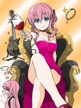 1girl alcohol blue_eyes bocchi_the_rock! breasts choker closed_eyes closed_mouth collarbone commentary crossed_legs cube_earrings cup dress drinking_glass electric_guitar glint gotoh_hitori guitar high_heels highres holding holding_cup imagining instrument jewelry long_sidelocks medium_breasts one_side_up open_mouth orange_background pink_dress pink_hair pumps red_choker red_shoes rurushu_ki_san shoes sidelocks sitting sitting_on_throne smile smug solo speech_bubble strapless strapless_dress thought_bubble throne wine wine_glass