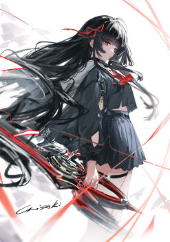 1girl absurdres arm_cutout black_choker black_hair black_jacket black_serafuku black_shirt black_skirt breasts character_name chisa_(wuthering_waves) choker closed_mouth clothing_cutout crop_top from_side hair_ribbon highres holding holding_sword holding_weapon jacket laoshi_wo_hao_e long_hair long_sleeves looking_to_the_side medium_breasts mole mole_under_eye neckerchief red_eyes red_neckerchief red_ribbon ribbon sailor_collar school_uniform serafuku shirt skirt solo sword tacet_mark_(wuthering_waves) thigh_strap thighs weapon white_sailor_collar wuthering_waves