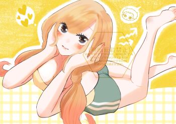 1girl absurdres blonde_hair breasts cleavage closed_mouth collarbone commentary_request feet_up gojou_wakana grey_shorts hands_on_own_face heart highres kitagawa_marin long_hair lying on_stomach outline shirt shorts solo_focus sono_bisque_doll_wa_koi_wo_suru speech_bubble spoken_character syuttyou_shinta thought_bubble twintails watermark white_outline yellow_shirt