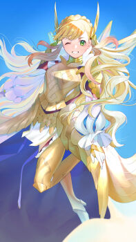1girl absurdres armor armored_boots blonde_hair blue_cape blue_sky boots braid breastplate breasts cape commentary_request crown_braid fire_emblem fire_emblem_heroes floating_hair foot_up frilled_sleeves frills full_body gloves gold_armor gradient_hair green_eyes highres ikura_(downdexp) long_hair looking_at_viewer medium_breasts multicolored_hair nintendo official_alternate_costume one_eye_closed parted_lips pink_hair puffy_sleeves sharena_(borrowed_divinity)_(fire_emblem) sharena_(fire_emblem) sky solo thighs two-tone_hair white_gloves