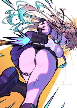 1girl aqua_necktie ark_evil02 ass black_skirt braid braided_bangs commentary corrupted_twitter_file earrings firing from_behind gun hair_ornament handgun hashtag-only_commentary highres holding holding_gun holding_weapon jewelry lynae_(wuthering_waves) multiple_rings muzzle_flash necktie ring shirt_tucked_in skirt skull_hair_ornament solo star_(symbol) star_earrings tacet_mark_(wuthering_waves) weapon wuthering_waves