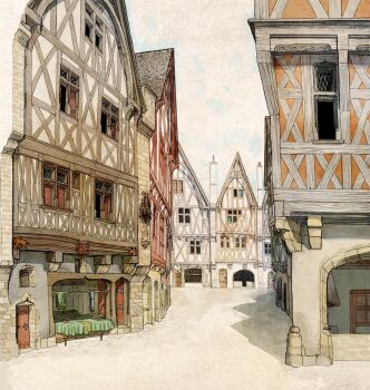 absurdres clippymagic commentary day english_commentary european_architecture half-timbered highres medieval no_humans original outdoors procreate_(medium) town