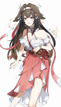 Rule 34 | 1girl, absurdres, animal ear fluff, animal ears, armband, bare shoulders, blush, bracelet, breasts, brown hair, cleavage, collar, collarbone, commentary request, cross-laced clothes, cross-laced top, droopy ears, feet out of frame, frilled armband, frilled collar, frilled shirt, frilled shirt collar, frills, hairband, heart, high-waist skirt, highres, jewelry, large breasts, leg tattoo, long hair, long skirt, looking at another, multicolored hairband, official alternate costume, open mouth, pink nails, red bag, red eyes, red hairband, red skirt, shirt, simple background, skirt, solo, tattoo, umiinu (umi inu11), very long hair, white armband, white background, white hairband, white shirt, ye shunguang, ye shunguang (touch of dawnlight), zenless zone zero