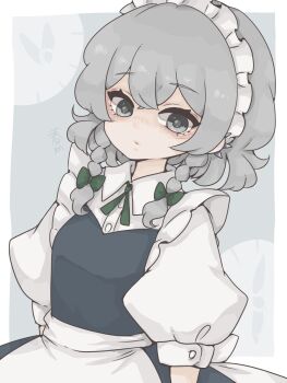 1girl apron arm_behind_back blue_dress braid braided_sidelocks closed_mouth collared_dress commentary crossed_bangs dress green_ribbon grey_eyes grey_hair hair_ribbon harukairo highres izayoi_sakuya looking_at_viewer maid maid_apron maid_headdress puffy_short_sleeves puffy_sleeves ribbon short_hair short_sleeves sleeve_cuffs solo symbol-only_commentary touhou upper_body white_apron white_headdress