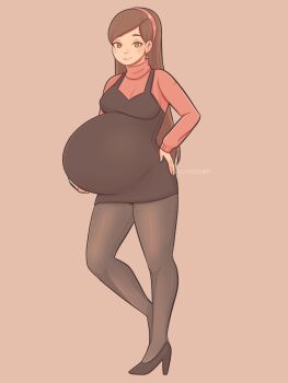 1girl artist_logo artist_name belly big_belly breasts closed_mouth commentary ear_piercing english_commentary full_body hairband hand_on_own_hip hand_on_own_stomach high_heels highres jane_(lunarpix) logo long_hair long_sleeves looking_at_viewer lunarpix_(artist) pantyhose patreon_logo piercing pregnant smile solo stomach twitter_logo very_long_hair watermark