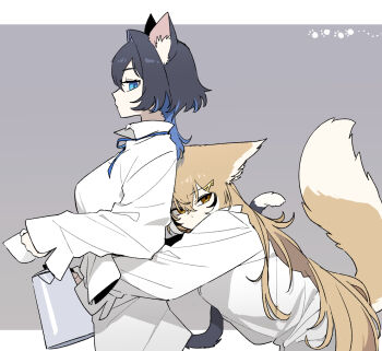 2girls alternate_costume animal_ears black_hair blue_eyes blue_hair blue_ribbon brown_eyes brown_hair cat_ears cat_tail colored_inner_hair crossed_bangs cup dress_shirt grey_background guoo hair_between_eyes hair_ornament hairclip highres holding holding_cup holding_kettle hololive hololive_english hug hug_from_behind kettle long_hair looking_at_another looking_to_the_side mug multicolored_hair multiple_girls nanashi_mumei official_alternate_hairstyle ouro_kronii oversized_clothes oversized_shirt ribbon shirt simple_background sleeves_past_wrists tail very_long_hair virtual_youtuber white_shirt wolf wolf_cut wolf_ears wolf_girl wolf_tail yuri