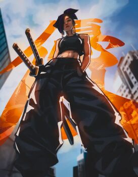 Rule 34 | 1girl, absurdres, black pants, black tank top, blurry, blurry background, breasts, closed mouth, cloud, cloudy sky, commentary request, cowboy shot, crop top, day, from below, hands in pockets, highres, katana, looking down, medium breasts, midriff, multiple swords, orange eyes, original, outdoors, pants, parted bangs, purple hair, scabbard, sheath, sheathed, short hair, sky, solo, sword, tank top, titanartx, translation request, weapon