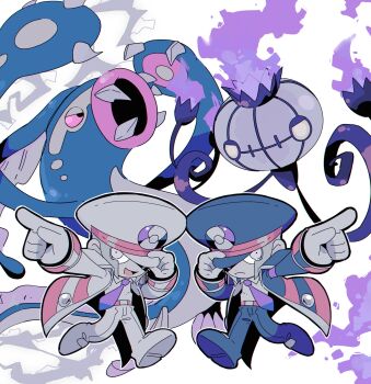 Rule 34 | 2boys, black pants, brothers, chandelure, chibi, coat, commentary request, eelektross, emmet (pokemon), fire, frown, full body, gen 5 pokemon, hat over one eye, highres, index finger raised, ingo (pokemon), kari (user grrs8577), male focus, multiple boys, necktie, nintendo, open mouth, outstretched arm, pants, pokemon, pokemon (creature), pokemon bw, purple fire, purple necktie, running, short hair, siblings, twins, white background, white coat