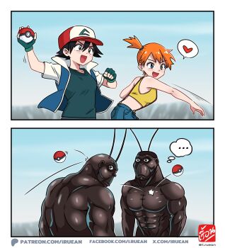 ... 1girl 3boys :d abs antennae artist_name ash_ketchum baseball_cap black_hair blue_eyes blue_jacket blue_shorts broken_heart crop_top denim denim_shorts fingerless_gloves gloves green_gloves hat heart holding holding_poke_ball i.ruean jacket looking_at_another midriff misty_(pokemon) motion_lines multiple_boys muscular nintendo open_clothes open_jacket open_mouth orange_hair outstretched_arm poke_ball poke_ball_(basic) pokemon pokemon_(anime) pokemon_(classic_anime) pokemon_rgby shirt short_hair short_sleeves shorts side_ponytail sleeveless sleeveless_shirt smile speech_bubble spoken_ellipsis spoken_heart suspenders terra_formars terraformar thought_bubble throwing twitter_username watermark web_address what yellow_shirt