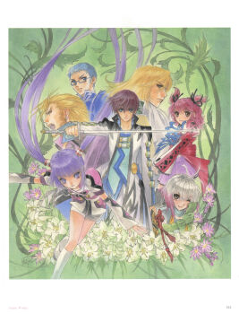 3girls 4boys absurdres armor asbel_lhant blonde_hair blue_eyes blue_hair brown_eyes brown_hair cheria_barnes coat expressionless flower glasses gloves highres holding holding_sword holding_weapon hubert_ozwell inomata_mutsumi long_hair looking_at_viewer looking_to_the_side malik_caesars medium_hair multiple_boys multiple_girls non-web_source official_art open_clothes open_coat pascal_(tales) plant purple_eyes purple_hair red_hair richard_(tales) scan short_hair smile sophie_(tales) sword tales_of_(series) tales_of_graces traditional_media twintails very_long_hair vines weapon