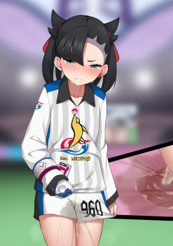 1girl asymmetrical_bangs asymmetrical_hair audience black_hair blue_eyes blush bow closed_mouth collarbone collared_shirt crying crying_with_eyes_open earrings field furrowed_brow gloves hair_bow hair_ornament hair_ribbon highres holding holding_sword holding_weapon humiliation jewelry maanii marnie_(pokemon) medium_hair multiple_views nintendo panties parted_bangs pee pee_stain peeing peeing_self pink_panties pokemon pokemon_(creature) pokemon_swsh red_bow red_ribbon ribbon screen shaved_head shinai shirt shorts soccer_uniform sportswear stadium standing sword tears thighs two_side_up underwear wavy_mouth weapon wet wet_clothes wet_panties wet_shorts wristband