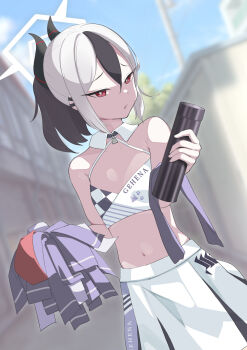 1girl absurdres alternate_costume animal_print armpit_crease black_horns blue_archive blurry blurry_background breasts bright_pupils cat_print cheerleader collarbone commentary_request cowboy_shot day demon_girl demon_horns detached_collar double-parted_bangs dutch_angle earclip frown furrowed_brow gehenna_academy_logo hair_between_eyes halo hands_up highres holding holding_pom_poms holding_thermos horns kayoko_(blue_archive) koutannkoburia long_hair looking_at_viewer millennium_cheerleader_outfit_(blue_archive) navel outdoors parted_lips paw_print pleated_skirt pom_pom_(cheerleading) pom_poms ponytail print_skirt print_sports_bra red_eyes skirt small_breasts sports_bra stomach thermos tsurime white_halo white_pupils white_skirt white_sports_bra