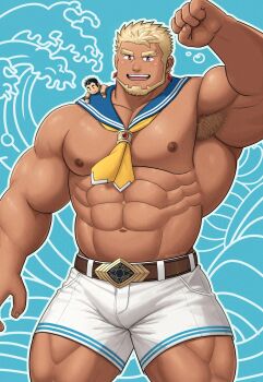 1boy abs alternate_costume arm_up armpit_hair bara beard belt belt_buckle blonde_hair blue_background blue_sailor_collar blush brown_belt buckle character_doll crave_saga dark-skinned_male dark_skin detached_collar doll doll_on_shoulder earrings excalibur_(crave_saga) eyebrow_cut facial_hair forked_eyebrows highres jewelry large_pectorals looking_at_viewer male_focus mature_male muscular muscular_arms muscular_legs muscular_male neckerchief nipples pectorals protagonist_(crave_saga) red_eyes rongjie sailor_collar shoes short_hair shorts solo taut_clothes taut_shorts thick_eyebrows thighs topless_male waves white_shoes yellow_neckerchief