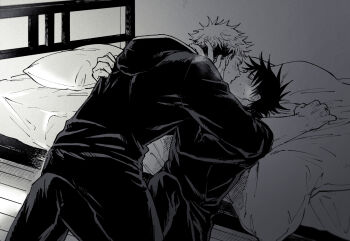 2boys against_bed bed bedside blush buttons closed_eyes clothes_grab commentary_request french_kiss fushiguro_megumi greyscale highres hood hood_down hooded_jacket itadori_yuuji jacket jj59u jujutsu_kaisen kiss male_focus monochrome multiple_boys short_hair spiked_hair sweat undercut yaoi