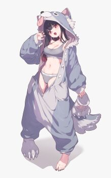 1girl barefoot black_hair bra navel niboshidrip original panties red_eyes standing stomach underwear