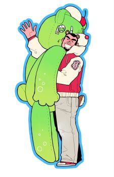 1boy bandaid bandaid_on_face bandaid_on_nose bear_tail beard black_hair chinstrap_beard commentary english_commentary facial_hair full_body grey_pants grgxrt grin highres holding holding_stuffed_toy hood hood_down hooded_jacket jacket large_teddy_bear letterman_jacket male_focus original pants red_jacket red_shoes shoes short_hair simple_background smile sneakers solo standing stuffed_animal stuffed_toy tail teddy_bear thick_eyebrows very_short_hair waving white_background