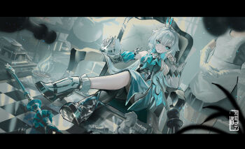 3girls absurdres bare_shoulders bishop_(chess) black_dress black_thighhighs blue_dress blue_eyes blue_hair breasts cerydra_(honkai:_star_rail) chair chess_piece chessboard commentary_request crossed_legs crown detached_sleeves dress elbow_gloves gloves high_heels highres holding holding_chess_piece honkai:_star_rail honkai_(series) knight_(chess) letterboxed long_hair looking_at_viewer maid medium_breasts multiple_girls on_chair pawn_(chess) queen_(chess) scepter single_thighhigh sitting smile solo_focus thighhighs tyhaya very_long_hair white_gloves