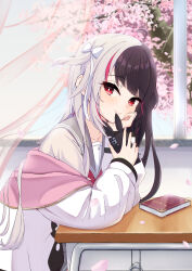 Rule 34 | 1girl, black hair, blunt bangs, book, bow, braid, bright pupils, cellphone, cherry blossoms, closed mouth, curtains, desk, diagonal bangs, dorifi, eyelashes, falling petals, floating hair, from side, grey hair, grey sailor collar, hair bow, hair ribbon, hands up, head on hand, head rest, head tilt, holding, holding phone, indoors, jacket, jacket off shoulders, jacket partially removed, leaning forward, light blush, long hair, long sleeves, looking at viewer, looking to the side, multicolored hair, nijisanji, one side up, petals, phone, pink petals, red eyes, ribbon, sailor collar, sailor shirt, school desk, school uniform, serafuku, shirt, sitting, smartphone, smile, solo, split-color hair, streaked hair, tree, two-tone hair, virtual youtuber, white bow, white jacket, white pupils, white ribbon, window, yorumi rena