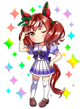 1girl animal_ears blush bow bowtie breasts brown_eyes brown_hair chibi chibi_only closed_mouth collarbone commentary_request ear_bow ear_covers ear_ribbon full_body green_bow highres horse_ears horse_girl horse_tail looking_at_viewer medium_breasts medium_hair multicolored_hair nice_nature_(umamusume) one_eye_closed pleated_skirt puffy_short_sleeves puffy_sleeves purple_bow purple_bowtie purple_shirt sailor_collar sailor_shirt school_uniform shirt shoes short_sleeves skirt solo streaked_hair sugimotty_nova tail thighhighs tracen_school_uniform twintails umamusume white_sailor_collar white_skirt white_thighhighs zettai_ryouiki